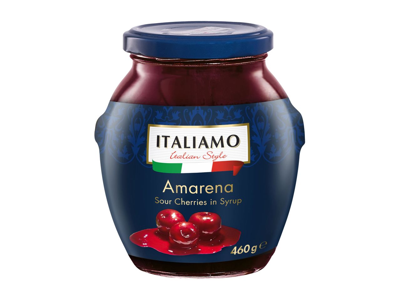 A jar of Italian Amarena sour cherries in syrup, 460g.