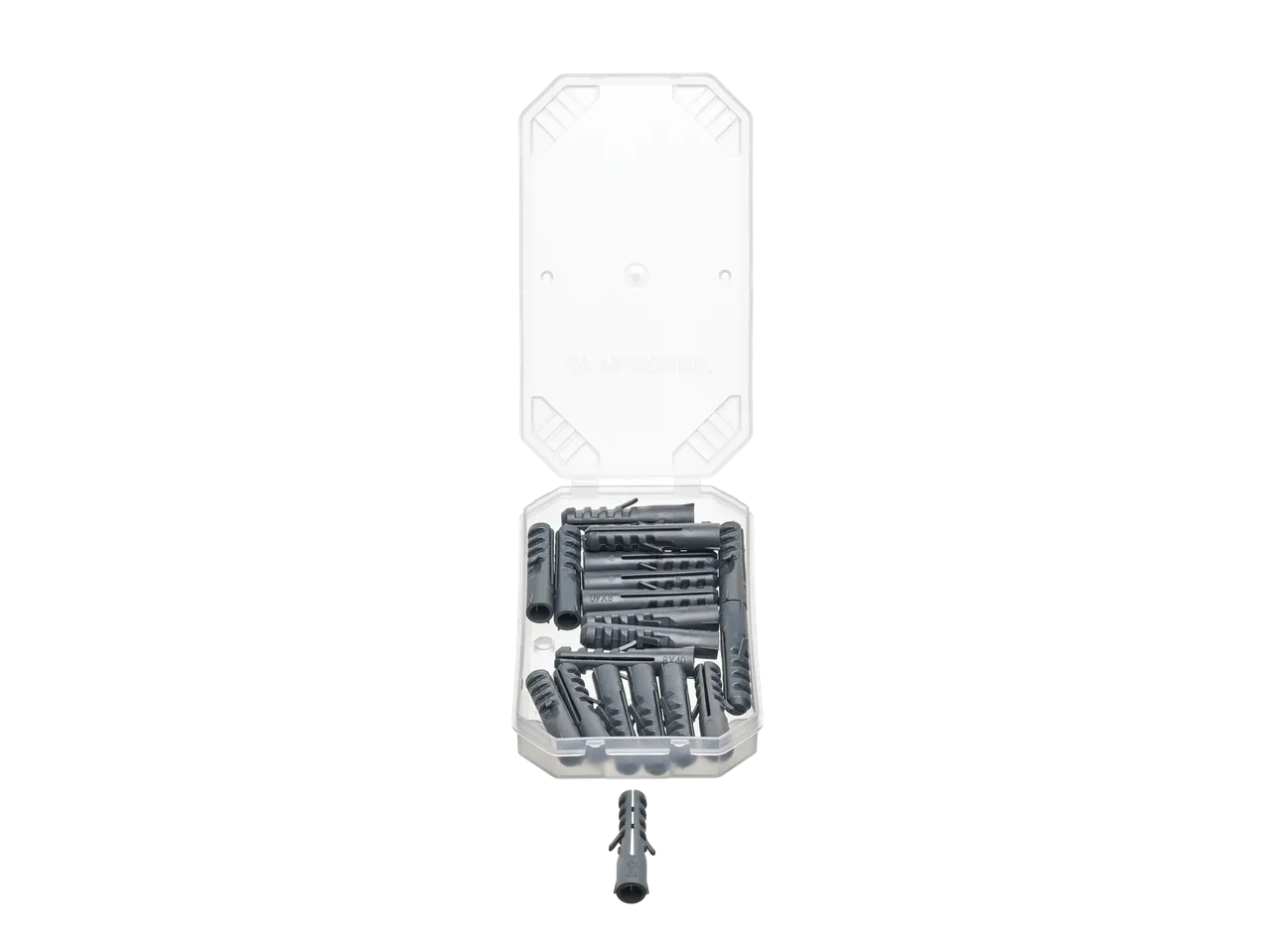 Bucha cinzentas 8x40 em uma caixa transparente aberta, com uma bucha separada abaixo.