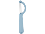 A light blue vegetable peeler with a stainless steel blade.