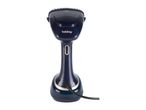 Dark blue handheld garment steamer with a textured body and a silver power button.