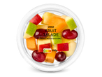 Een bakje verse fruitsalade met ananas, meloen, druiven en appel, met Nutri-Score A en 150g.