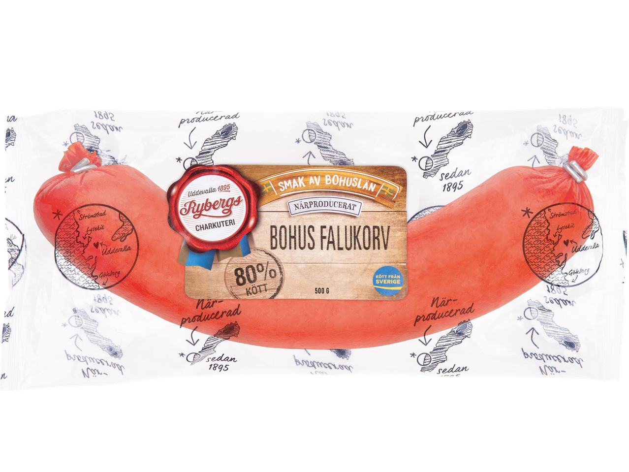 En förpackning Bohus Falukorv från Rybergs Charkuteri, med texten 'Smak av Bohuslän' och '80% kött'.