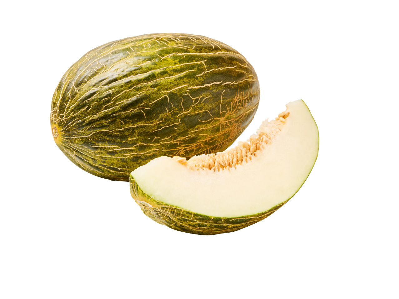 Hele Piel de Sapo meloen en een plakje op een zwarte achtergrond.