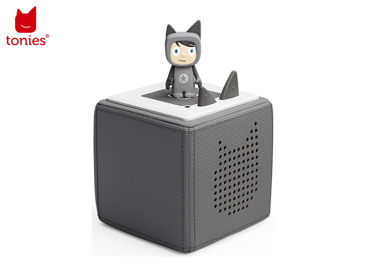 Grey audio box with a small figure wearing a grey cat-eared hoodie on top.