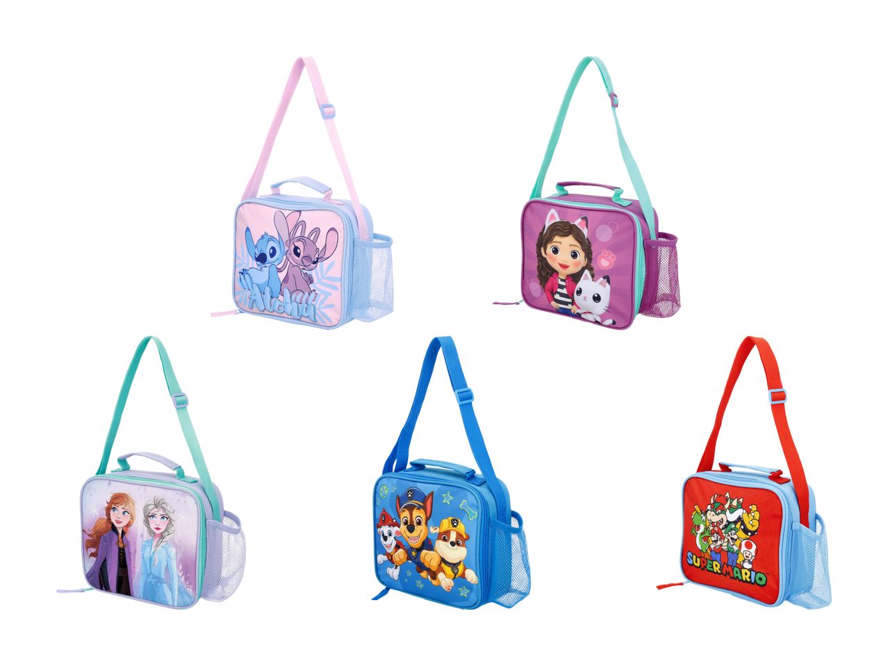 Cinq sacs à déjeuner pour enfants avec des personnages de dessins animés populaires.
