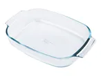 A clear glass baking dish with handles.