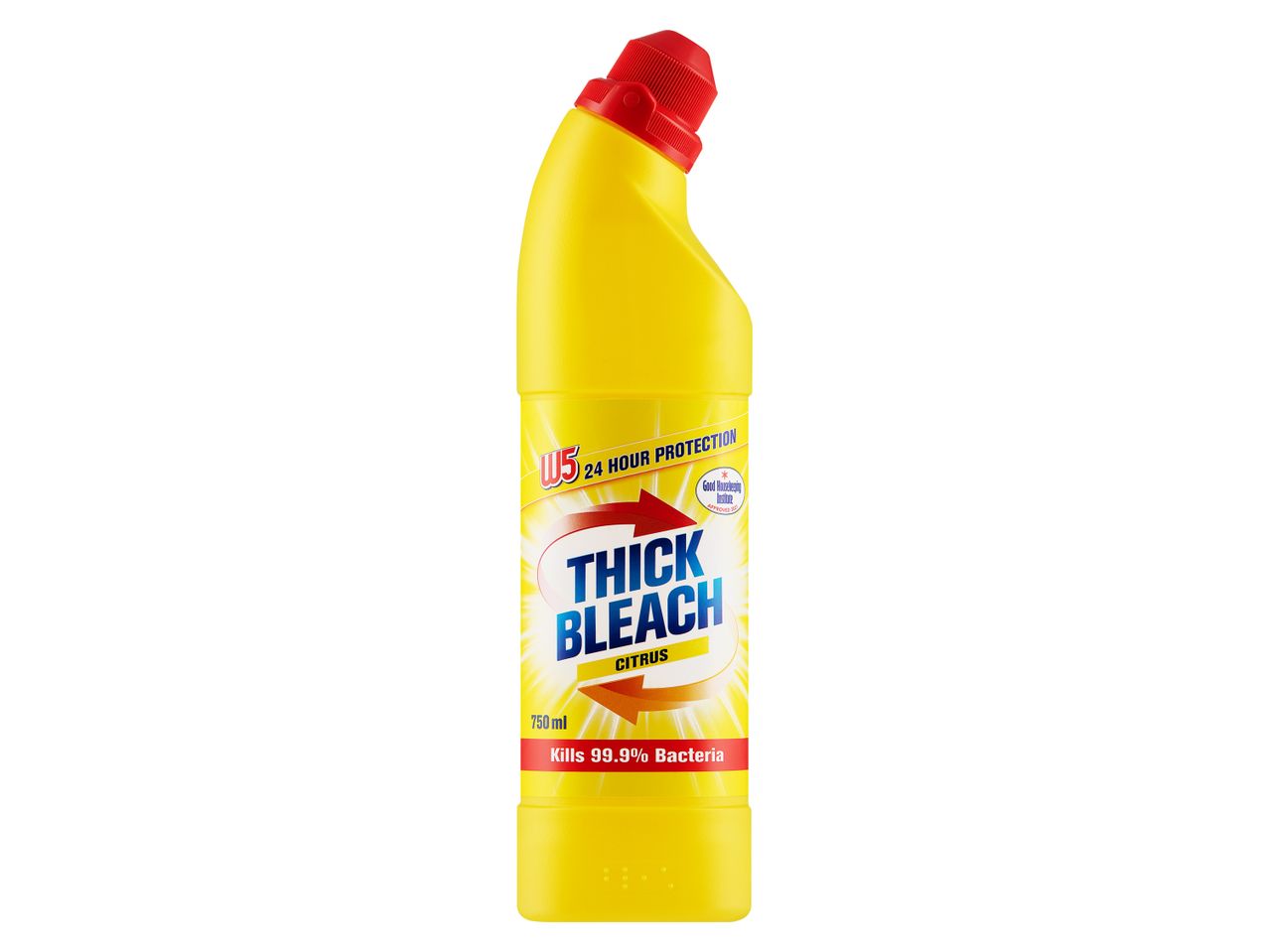 Yellow bottle of W5 Thick Bleach, citrus scent.
