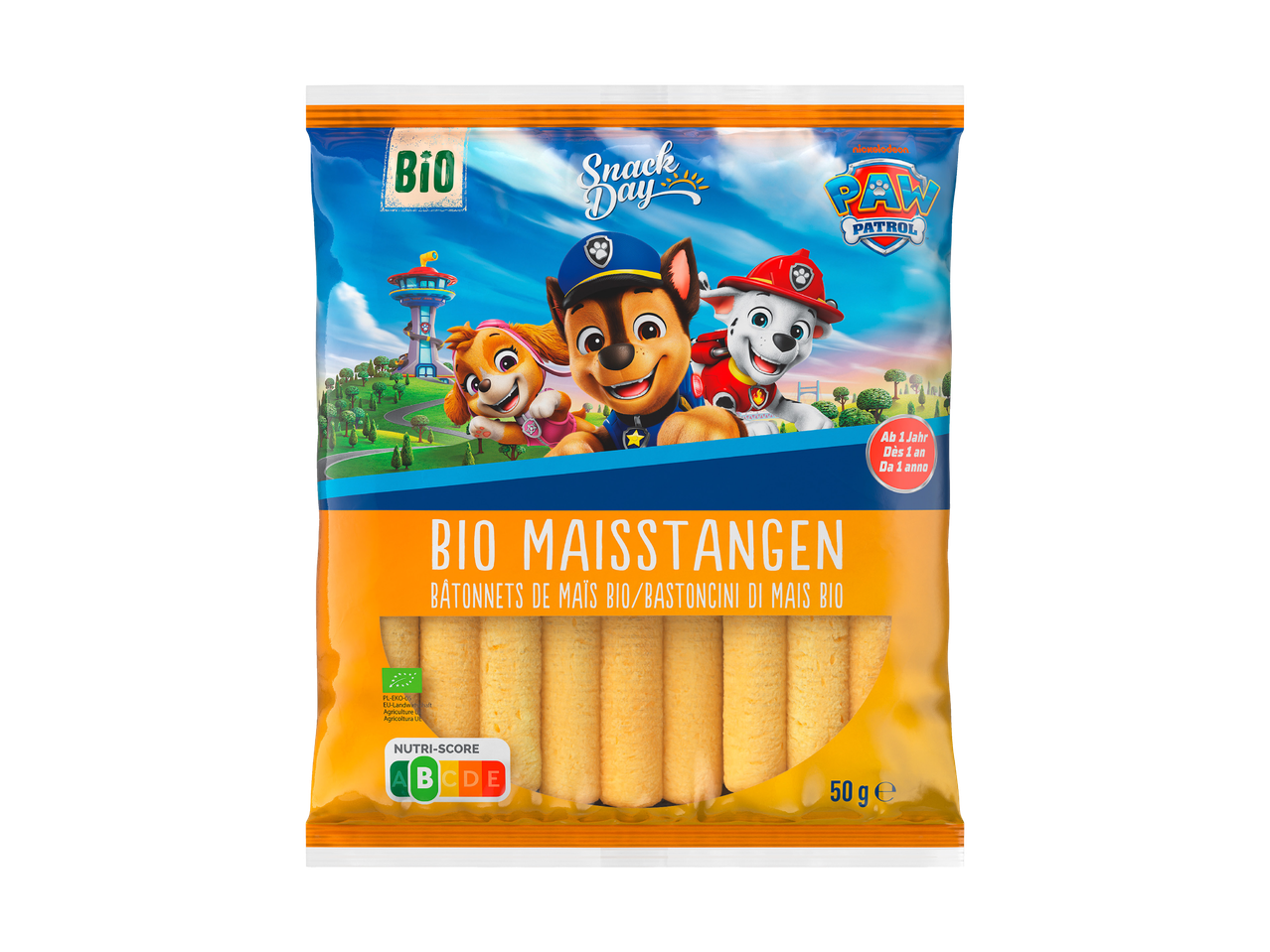 Sachet de bâtonnets de maïs bio pour enfants, avec des personnages de dessins animés.