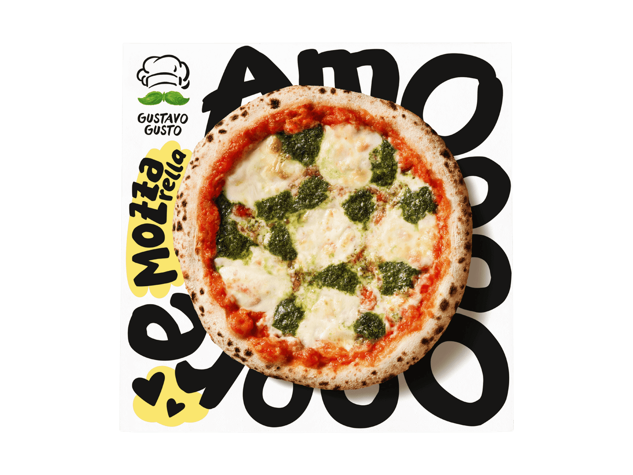 Pizza avec de la mozzarella et du pesto sur un fond blanc avec des lettres noires et jaunes.