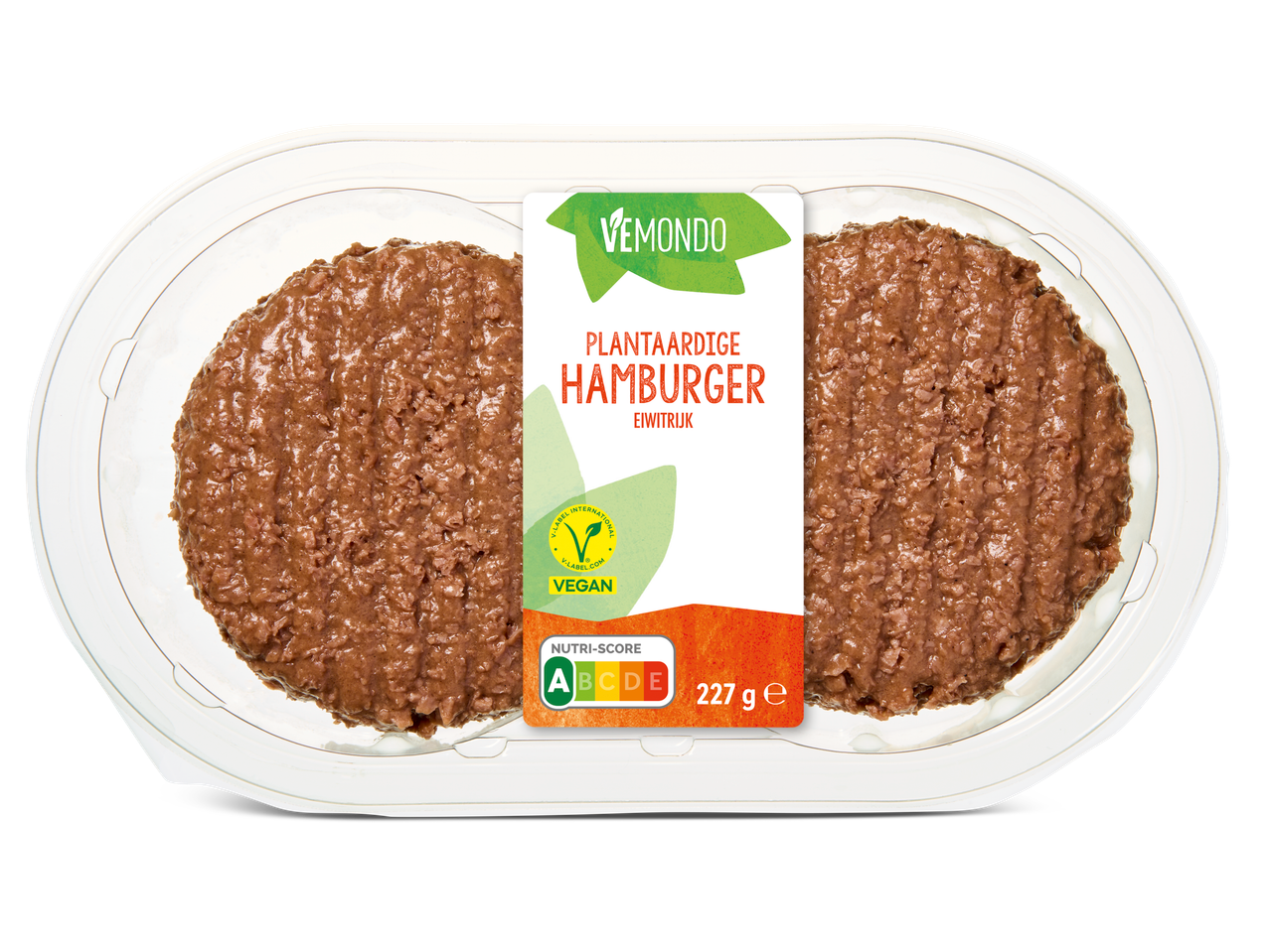 Vemondo plantaardige hamburgers: twee vegan burgers in een verpakking.