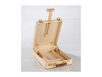 An open wooden art box with an easel and compartments on a white wooden surface.