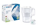 Water filter jug with a filter cartridge, shown next to its packaging.