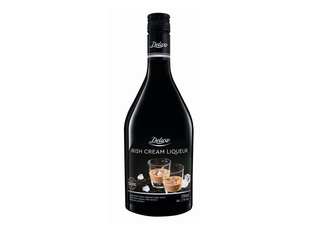 Deluxe Irish Cream Liqueur bottle with two glasses of the drink on the label.