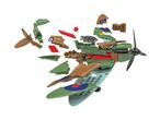 Exploded view of a green and brown toy airplane made from building blocks.