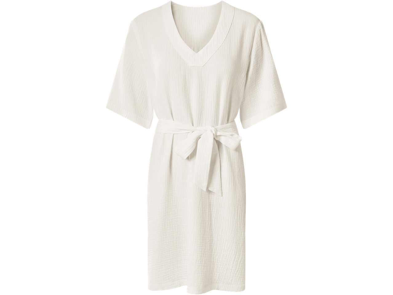 Krémfehér, rövid ujjú, V-nyakú ruha, derékban megkötős övvel.