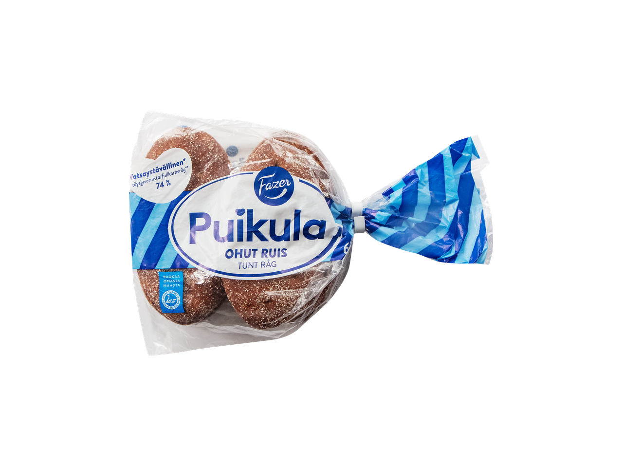 Pakkaus ohutta ruisleipää, jossa lukee 'Vatsaystävällinen' ja '74% täysjyväruista'.