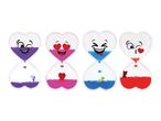 Four heart-shaped hourglass sand timers with cute emoticons.