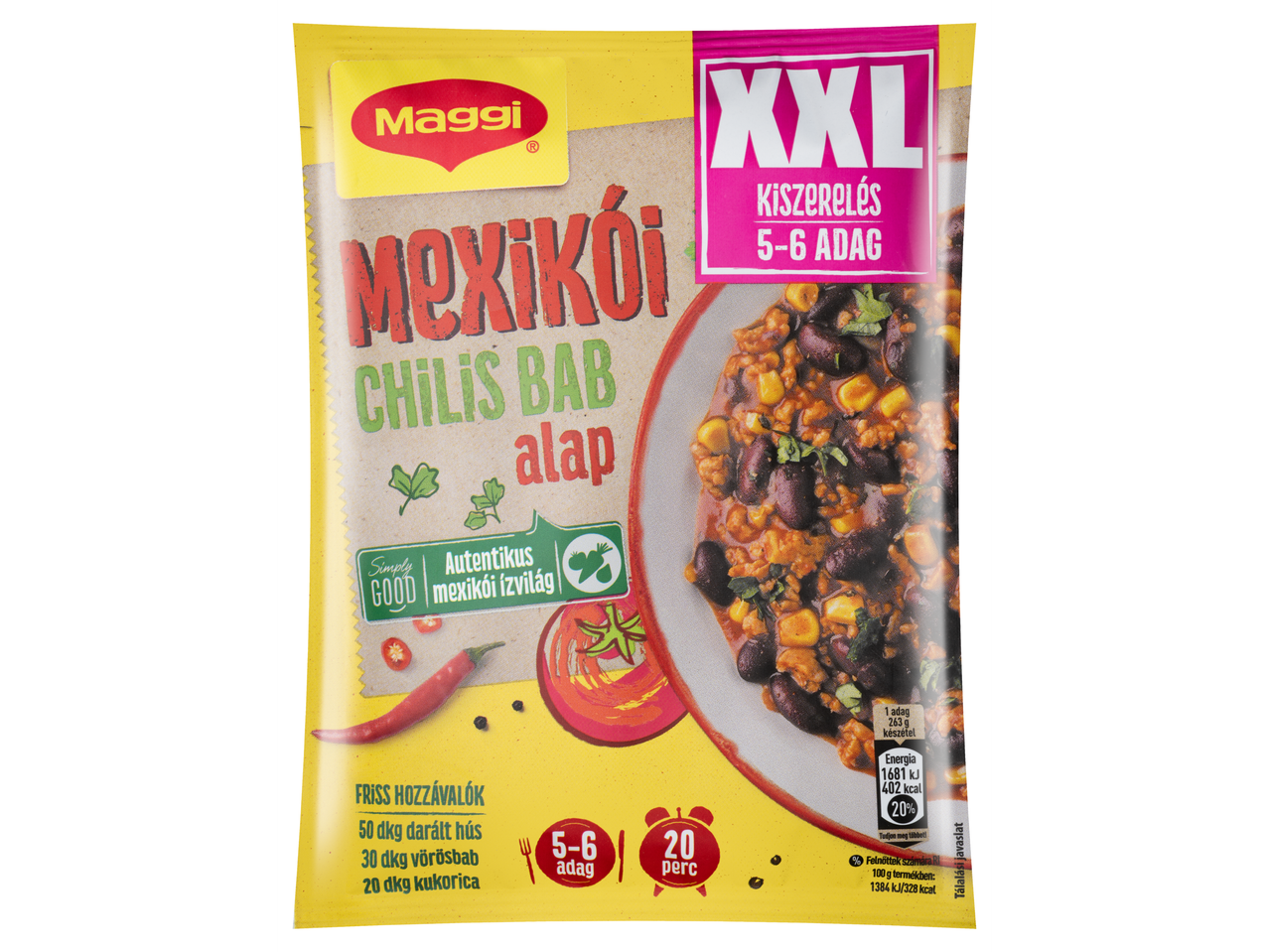 Maggi Fix Mexikói Chilis Bab alap 5-6 adaghoz, friss hozzávalók listájával.