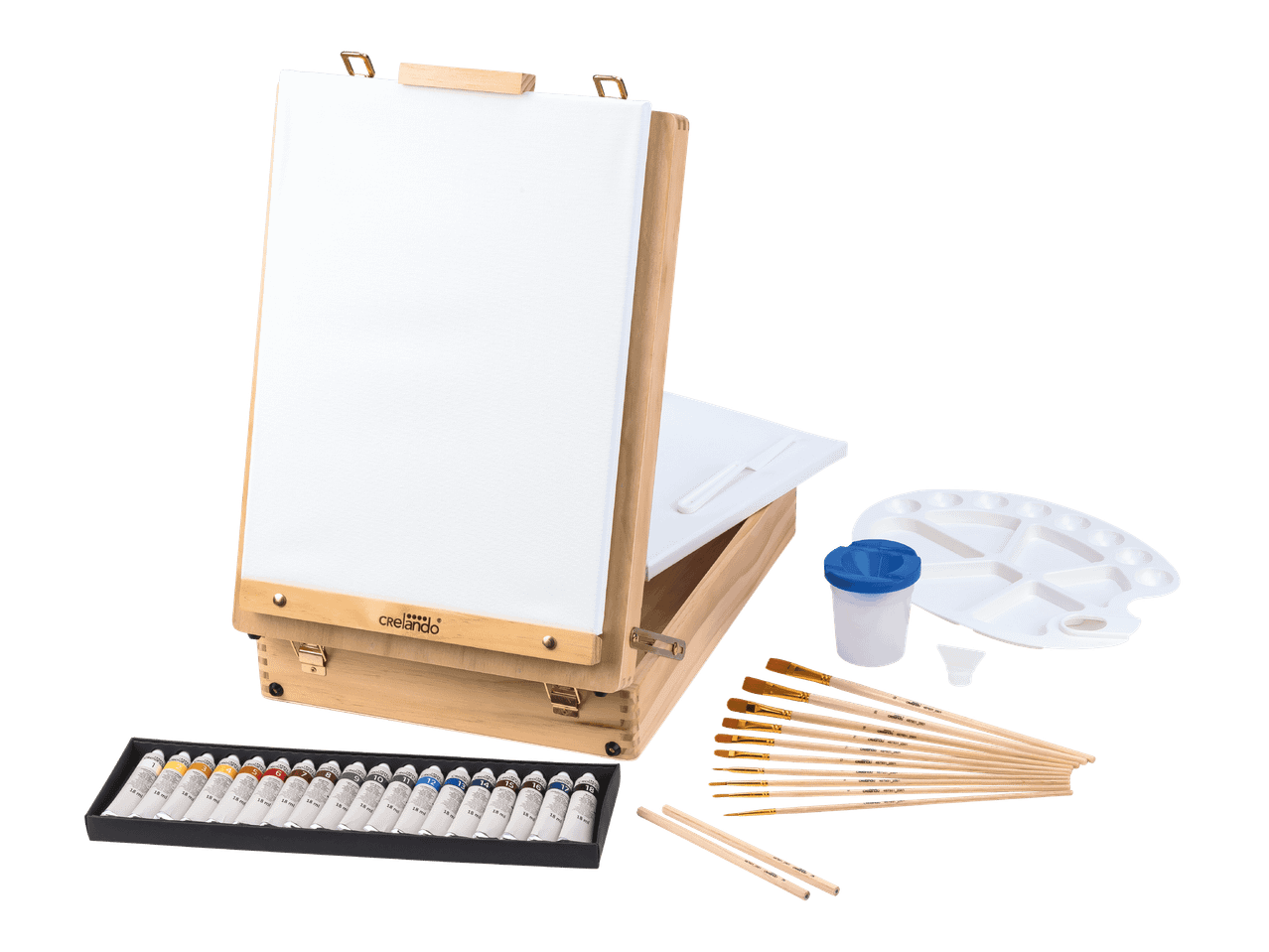 Creladon maalausteline, maaleja, siveltimiä ja paletti