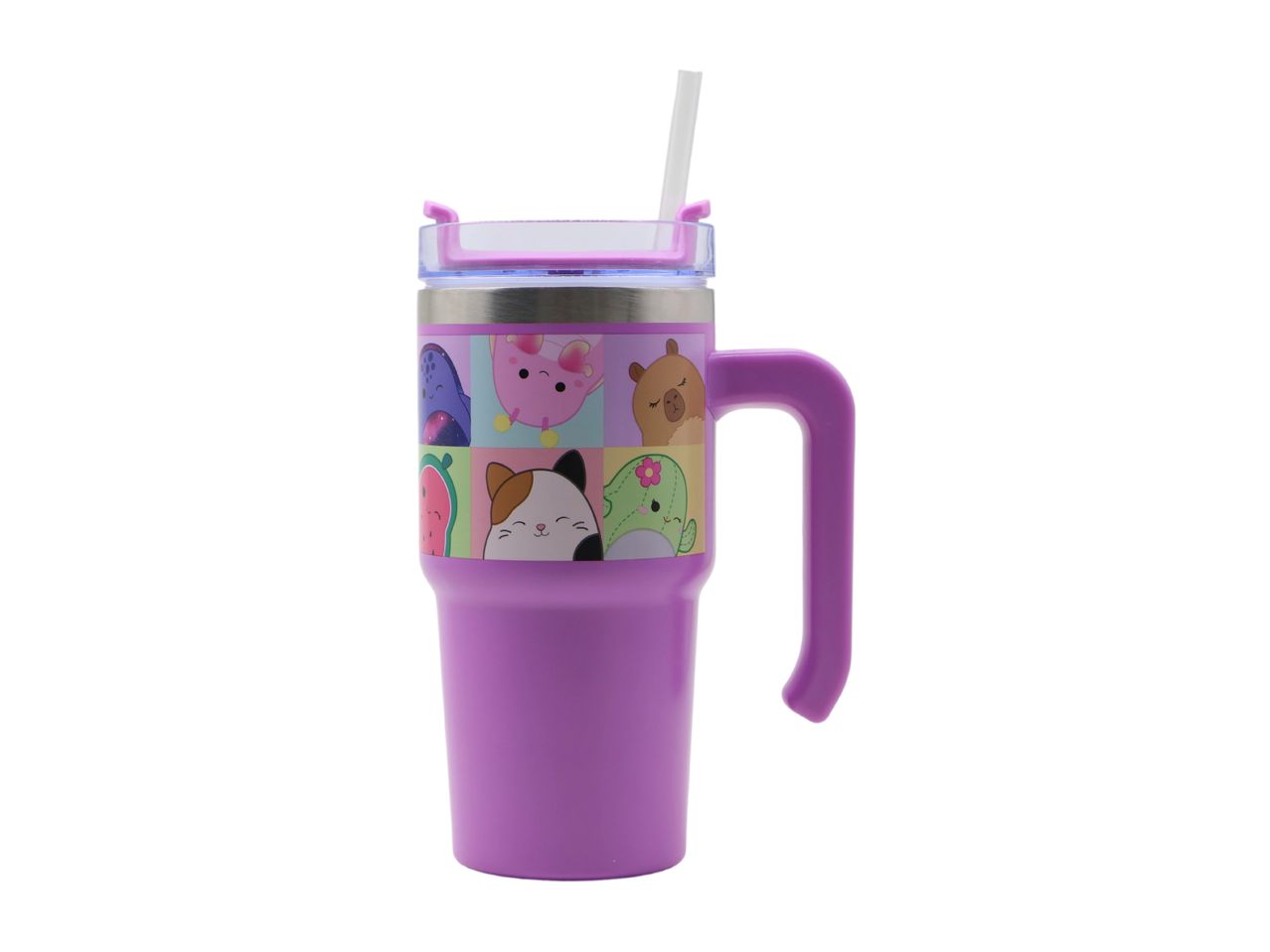 Purple tumbler with handle and straw, featuring cartoon animal designs.