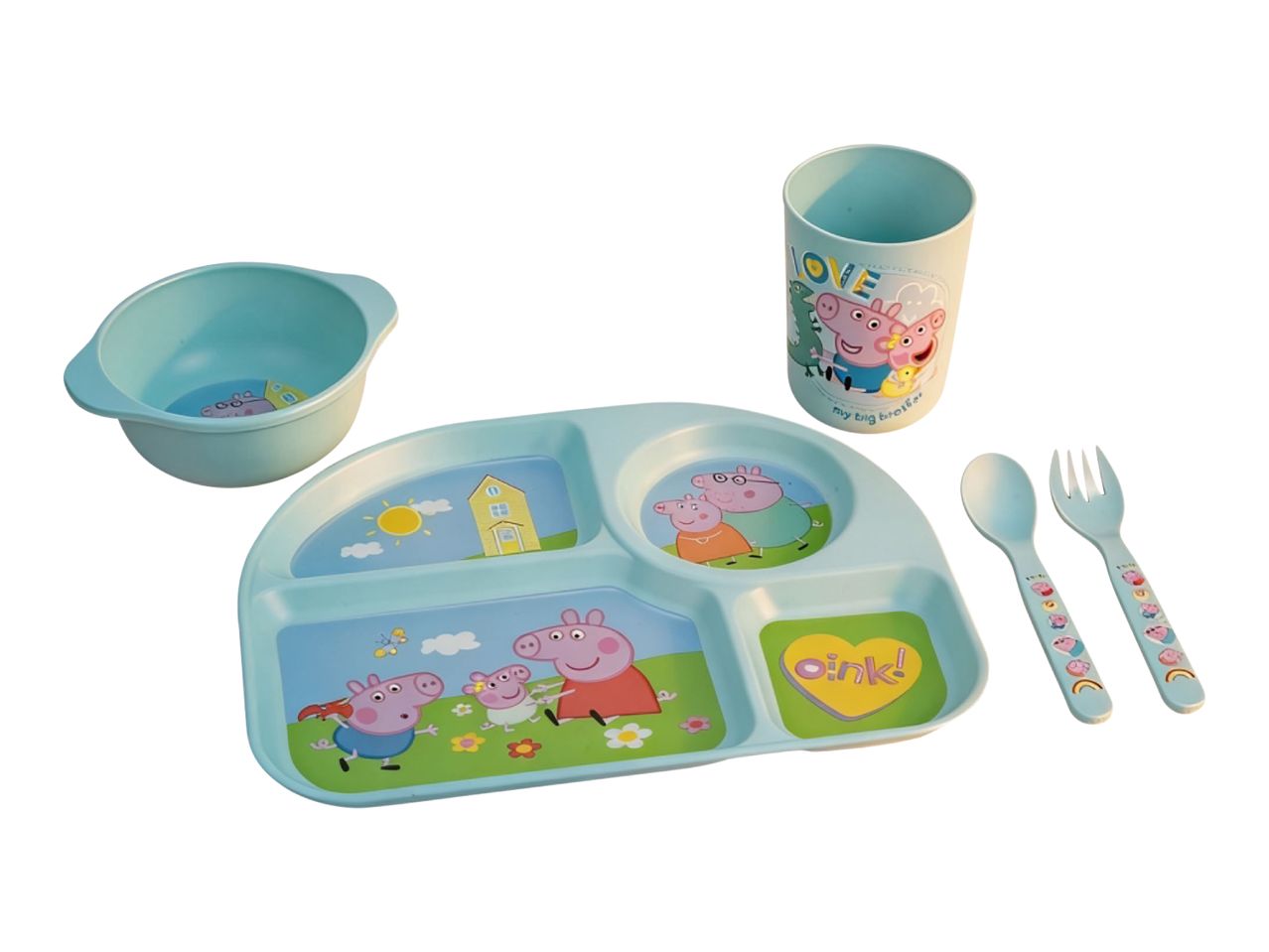 Children's dining set with Peppa Pig theme, including a divided plate, bowl, cup, fork, and spoon.