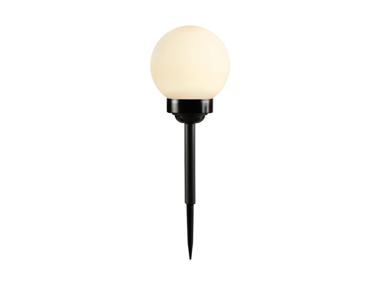 Hvid kugleformet solcellelampe med sort spyd til haven