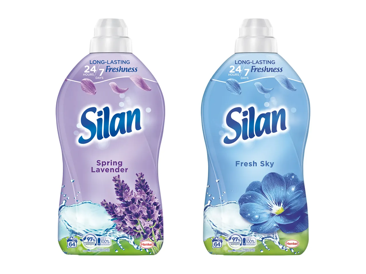 Două sticle Silan de balsam de rufe, lavandă și albastru.