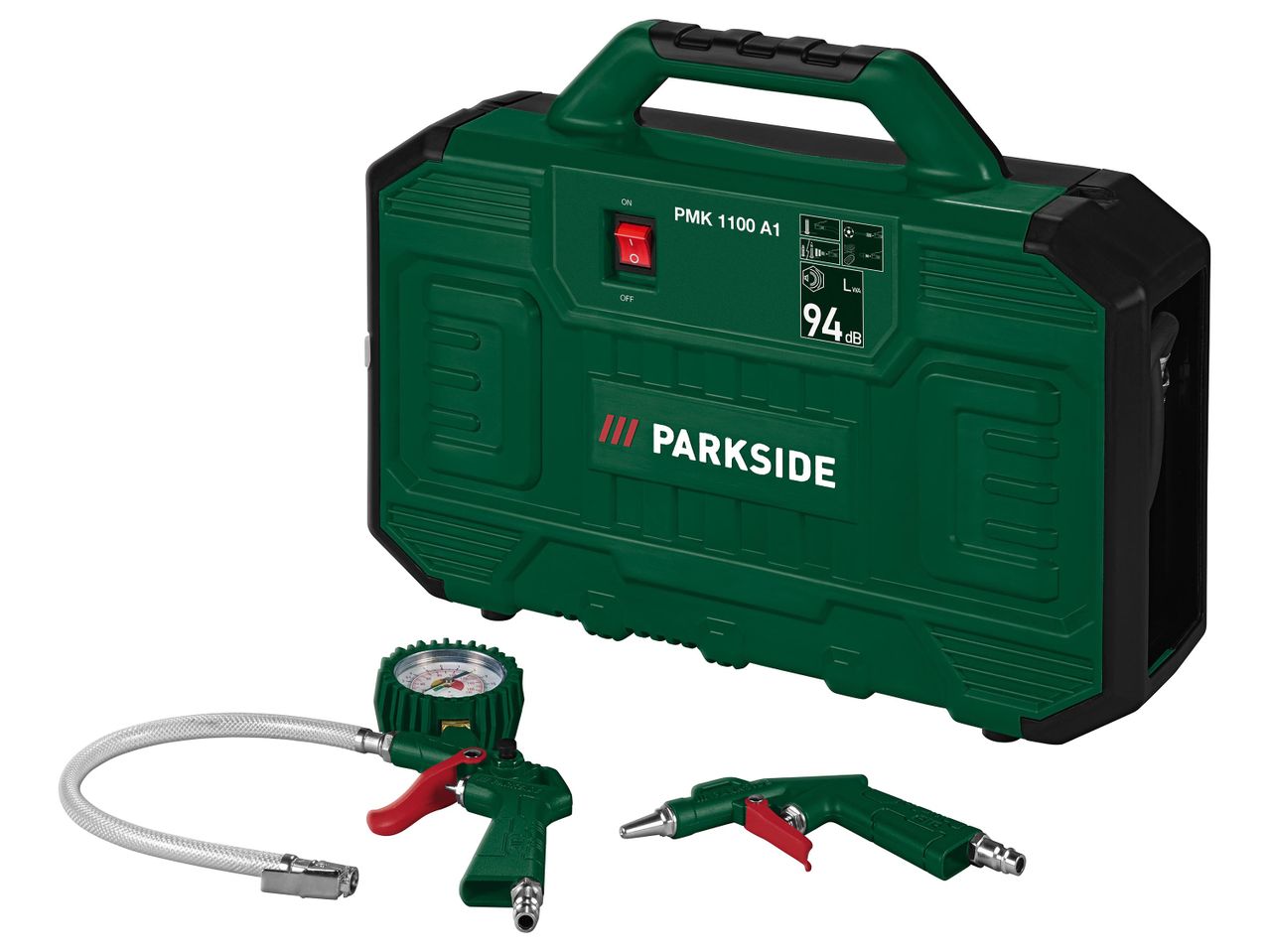 PARKSIDE PMK 1100 A1 kompresszor, nyomásmérő és fúvópisztoly