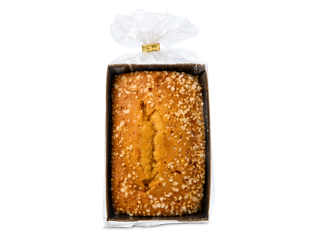 Een cake met noten en suiker in een doorzichtige verpakking.