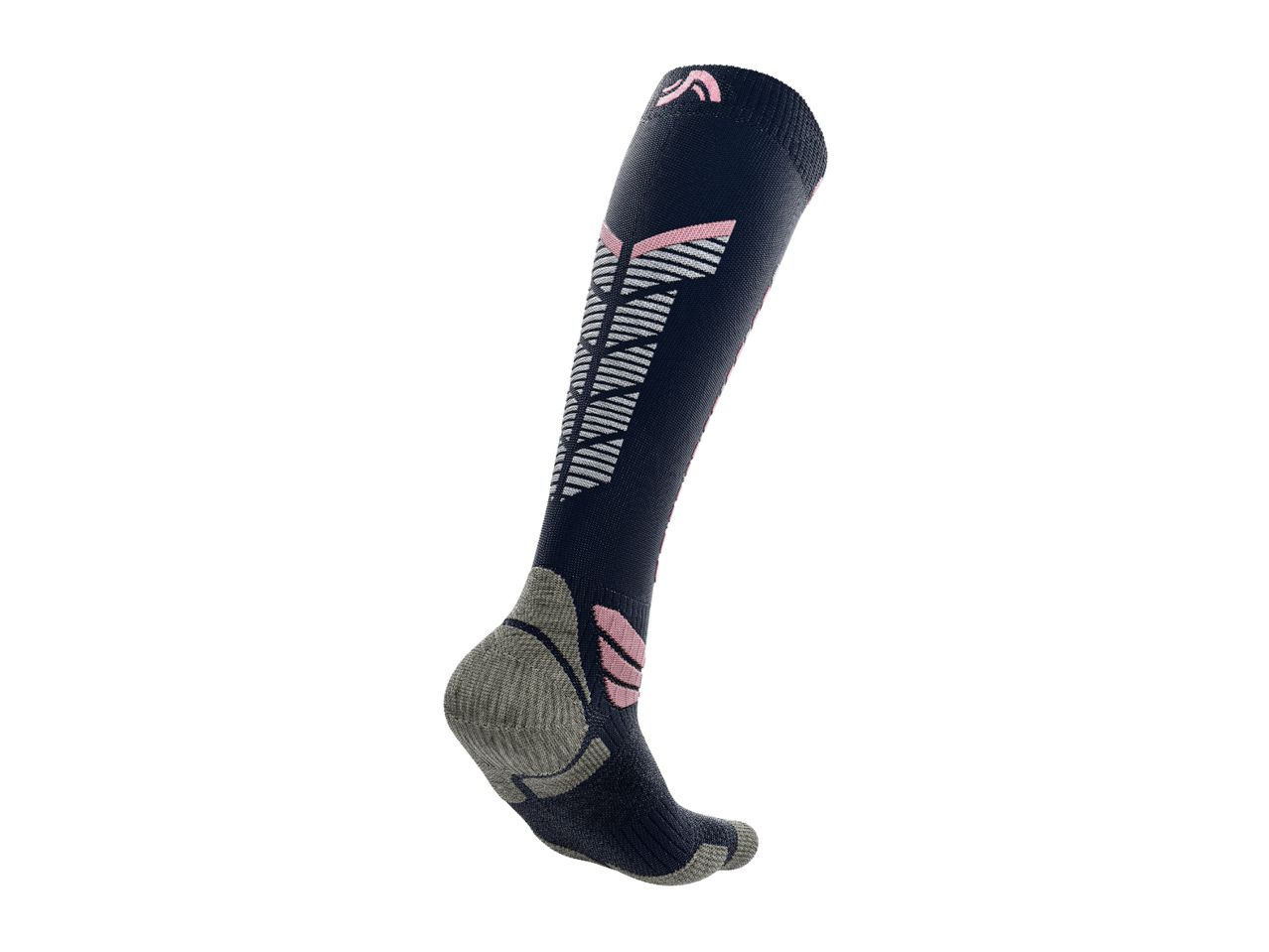 A single black and pink athletic sock with grey accents, standing upright.