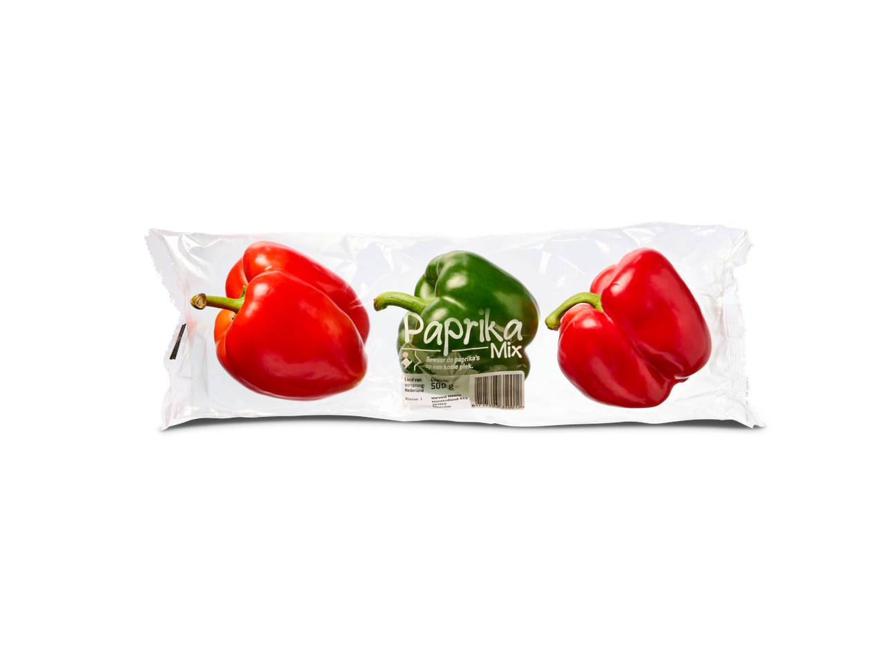Een verpakking Paprika Mix bevat twee rode en één groene paprika.