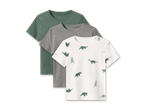 Drei Kinder-T-Shirts: einfarbig grün, einfarbig grau und weiß mit Dinosaurier-Muster