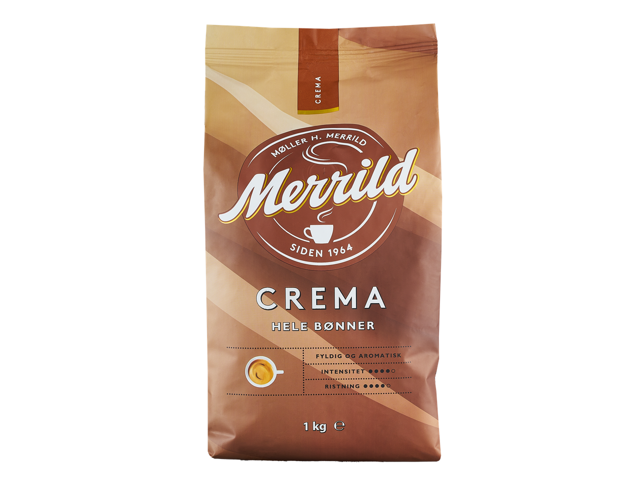 1 kg Merrild Crema kavos pupelių pakuotė.