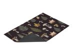 Dark brown mat with a pattern of mushrooms, ferns, and autumn leaves.