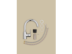 Livarno Mixer Tap Assortment: Chrome kitchen faucet with hoses and installation parts.