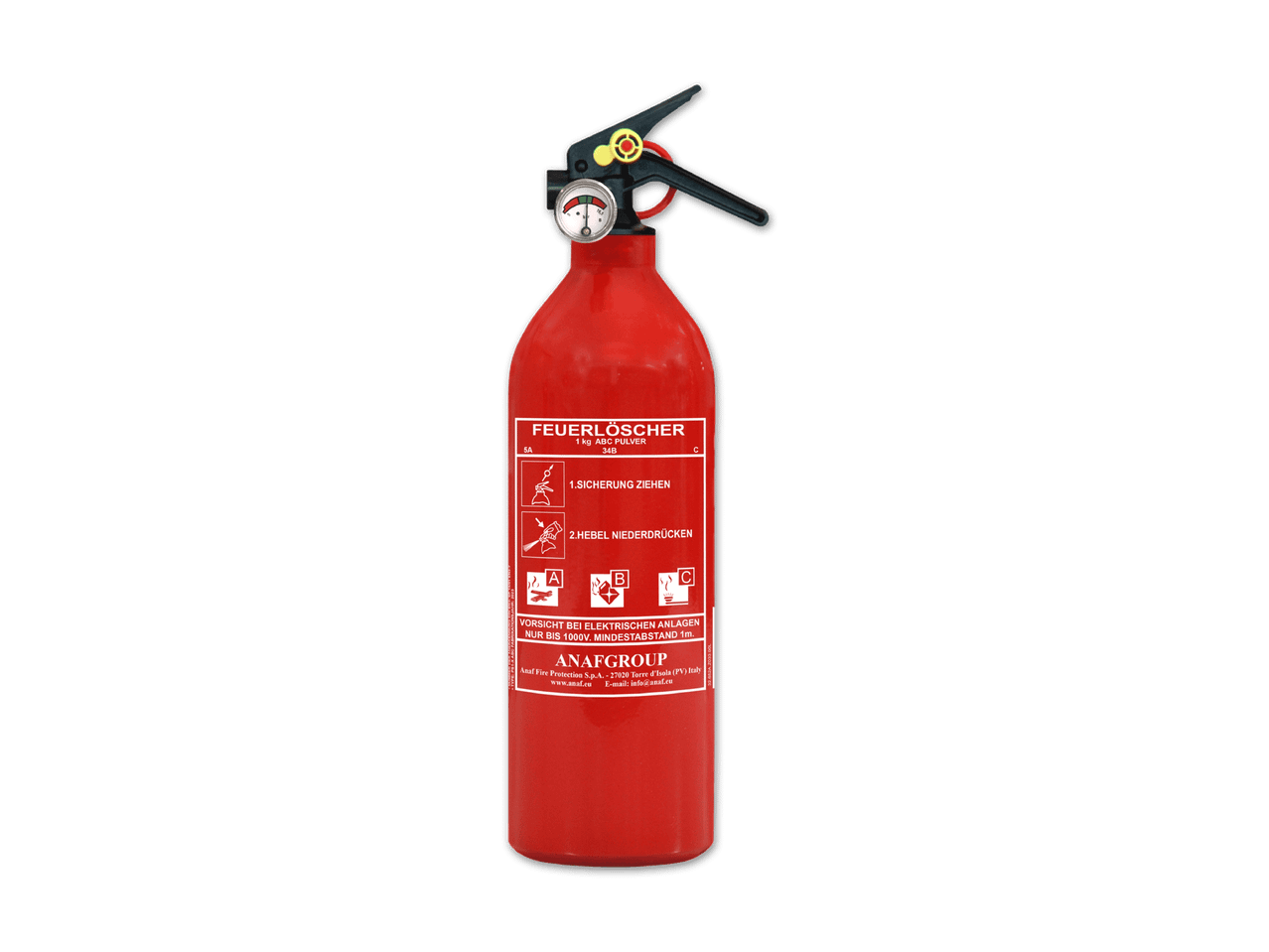 Eine rote Feuerlöscher steht auf schwarzem Hintergrund.