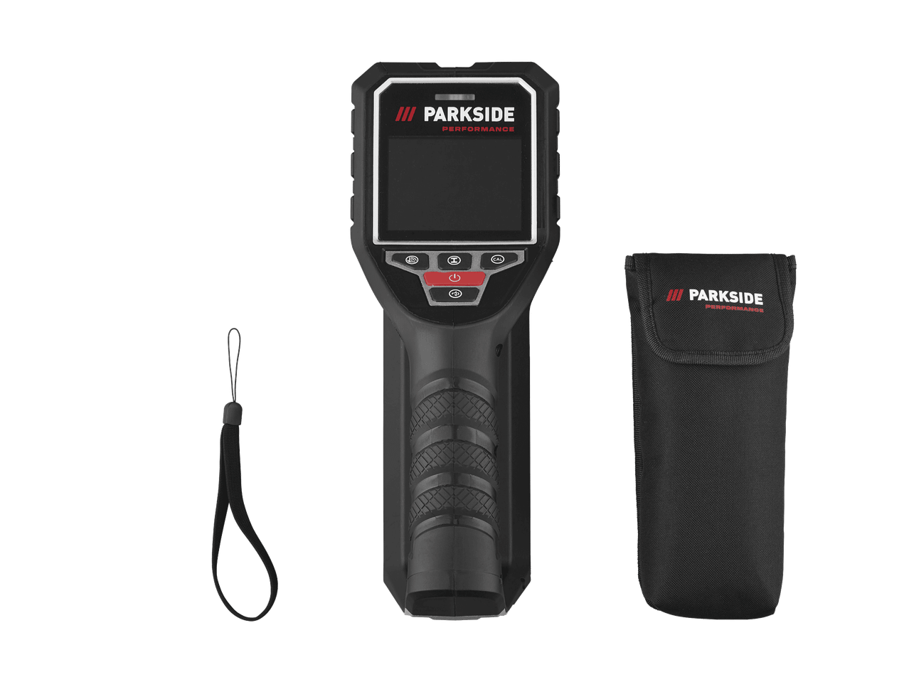 Ein Parkside Performance Kabeldetektor mit Tasche und Handschlaufe.