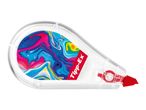 Correction tape with a colorful, marbled design and red accents.