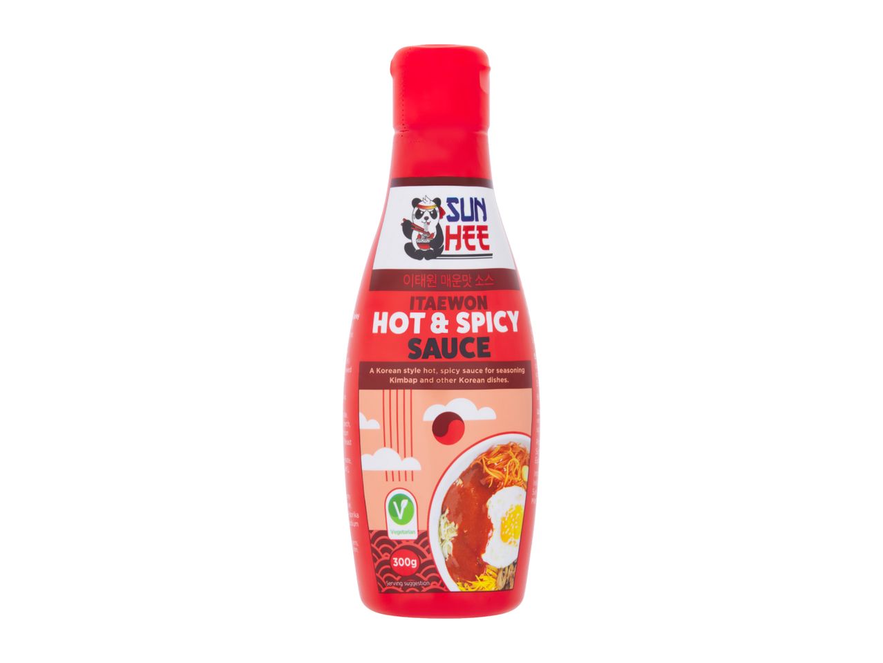 Red bottle of hot & spicy Korean sauce with a panda logo, labeled 'Vegetarian' and '300g'.
