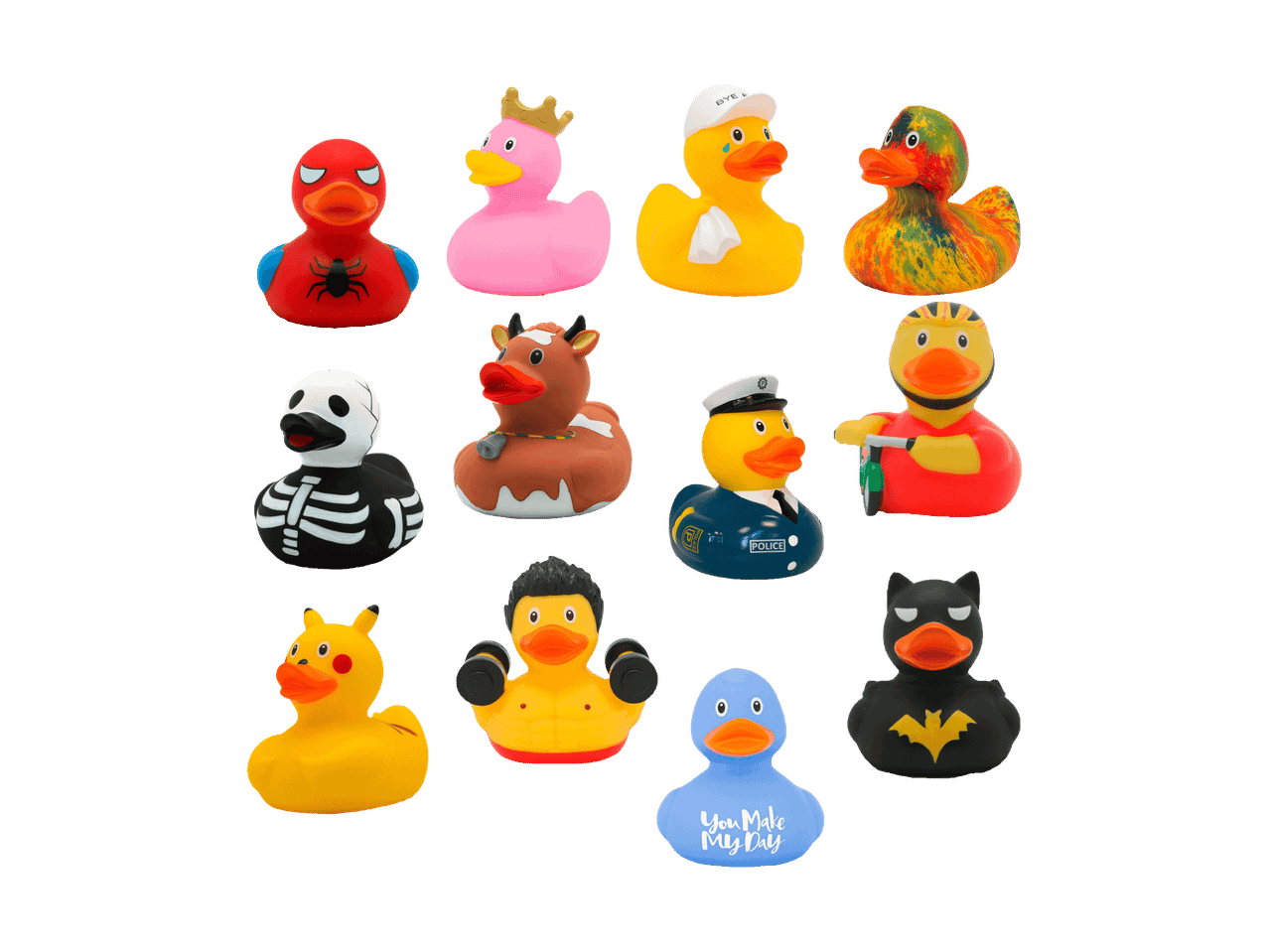 Douze canards en caoutchouc fantaisie, dont un canard araignée, un canard squelette et un canard policier.