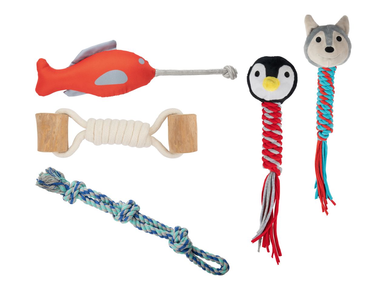 Verschiedene Hundespielzeuge, darunter ein Fisch, ein Tauziehspielzeug und zwei Plüschtiere mit Seilen.