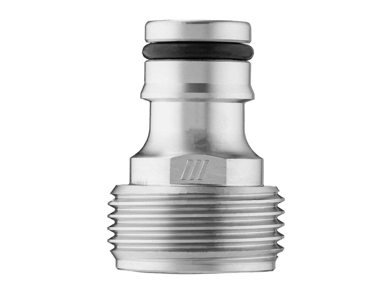 Silver metal hose connector with a black O-ring seal