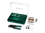 A crimping tool, a storage box with various electrical connectors, and a bundle of rainbow-colored wires.
