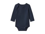 Dark blue long-sleeved baby bodysuit with snap fasteners at the crotch.