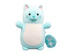 Light blue cat plush toy with a white belly and pink inner ears, featuring a tag.