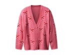Rosa Strickjacke mit V-Ausschnitt und Zuckerstangen-Motiv