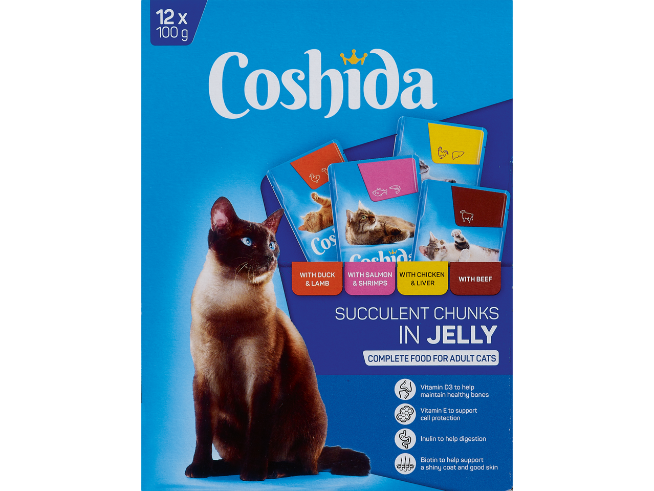Nourriture humide Coshida pour chats adultes, 12x100g, saveurs variées en gelée.