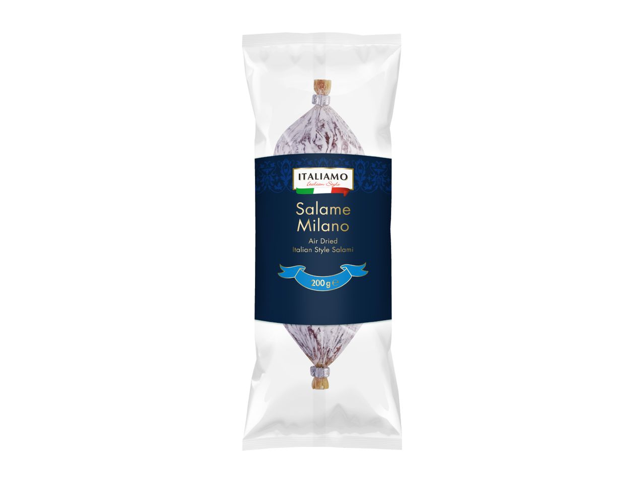 Air-dried Italian style salami in clear packaging with a dark blue label