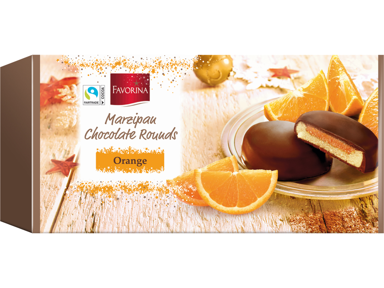 Favorina marcipāna šokolādes aplīši ar apelsīnu pildījumu uz koka virsmas