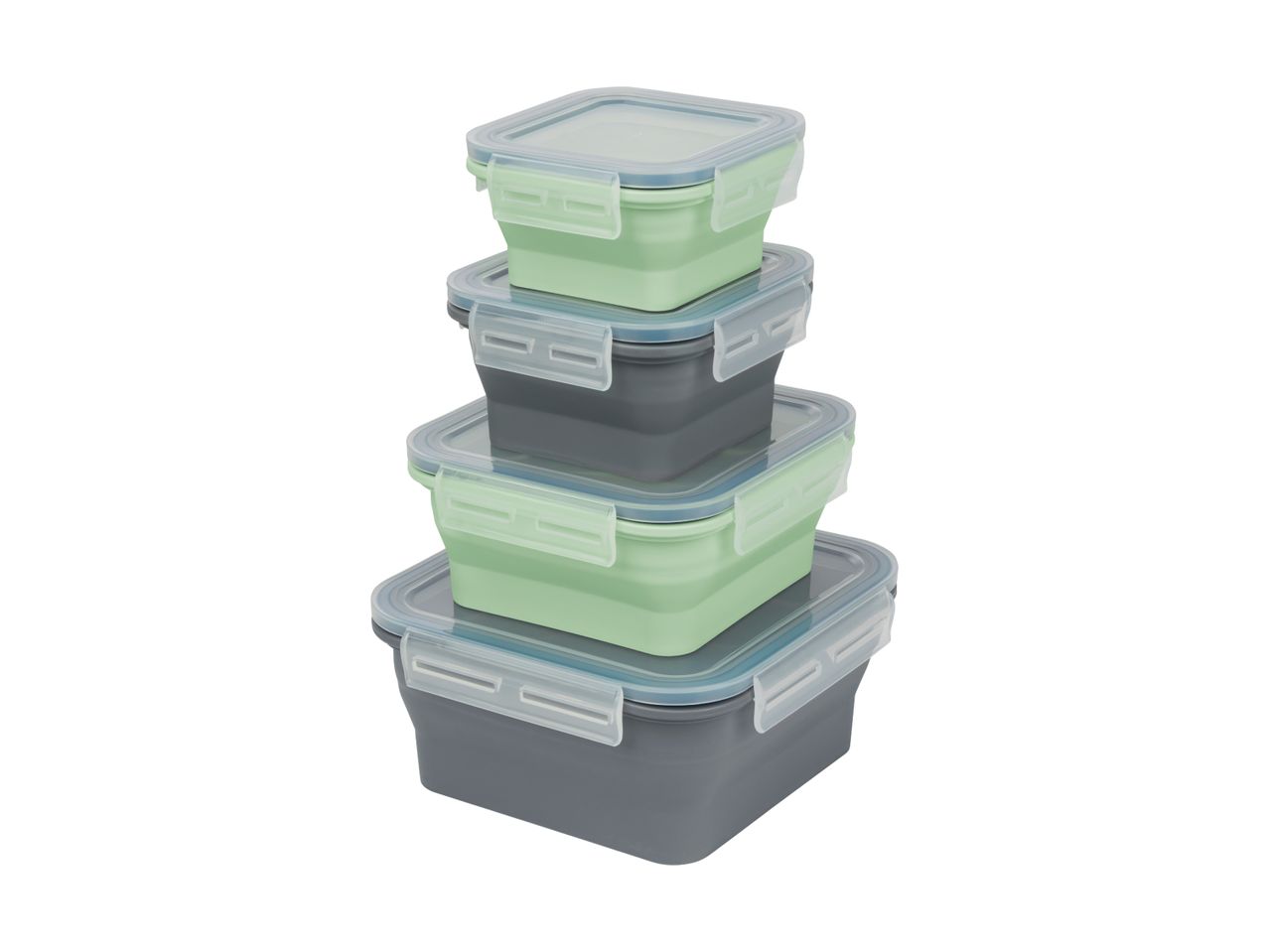 Stack of four collapsible food storage containers with clear lids
